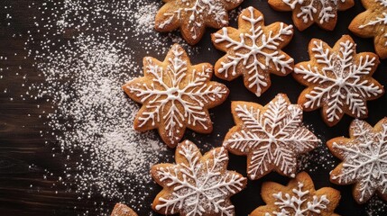 Fototapeta premium Delicious snowflake-shaped cookies dusted with powdered sugar on a rustic wooden surface, perfect for festive occasions.
