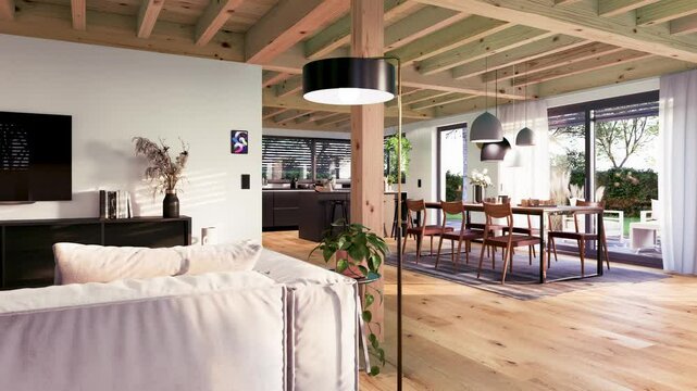 smooth camera move through wooden living room with kitchen, large windows, parquet flooring in countryfied environment in a new build attached house