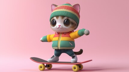 Fototapeta premium Playful Chibi Cat in Colorful Bomber Jacket and Beanie on Skateboard in Pastel Pink Background - 3D Render Illustration