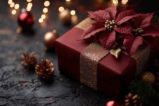 luxury dark red gift box with a gold ribbon, decorated with brown poinsettias 