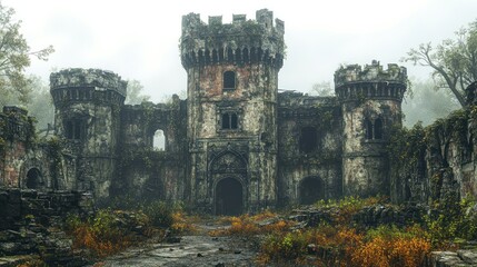 An overgrown, weathered castle surrounded by mist and foliage.