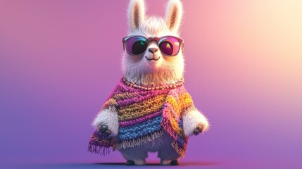 Fototapeta premium Cute Chibi Llama in Fashionable Poncho and Sunglasses Striking a Pose on Lavender Background | 3D Render Model