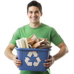 Man holding a recycling bin with cardboard