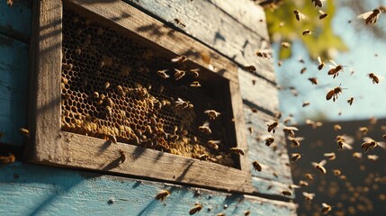 A busy honey bee hive with swarms of bees flying in and out of the entrance, capturing their motion in the bright spring air. Perfect for showcasing bee activity.