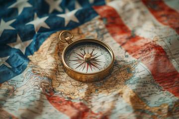 Vintage compass alongside a map and American flag, commemorating Columbus Day