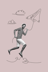 Vertical photo collage of excited man hold plane string doodle flight vacation travel summer relax...