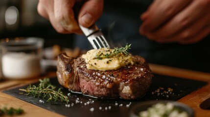 Juicy Steak with Herb Butter and Garnish Preparation