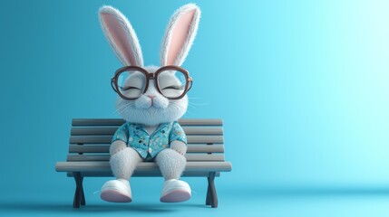 Adorable Chibi Rabbit with Oversized Glasses Relaxing on Bench in 3D Render, Cute Blue Gradient Background