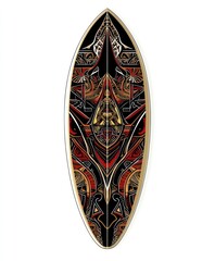 A stylized surfboard featuring intricate designs and vibrant colors.
