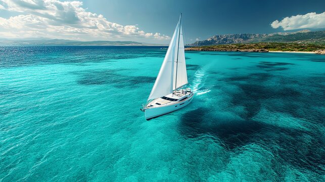 A white sailboat sails on a calm turquoise sea with clear blue sky and fluffy clouds in the background.
