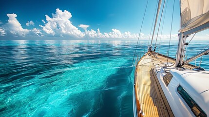 A sailboat glides on the clear blue water of the ocean.