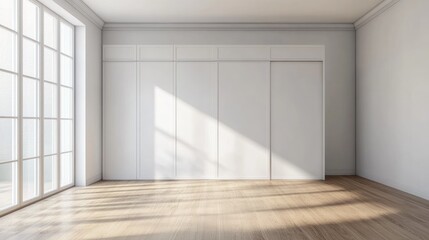 Obraz premium Minimalistic Scandinavian interior featuring an empty room with a wardrobe 3D rendering of a contemporary home space