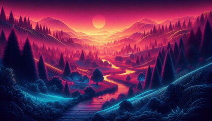 Vibrant and Colorful Landscape with Neon Lights, Serene Nature Background