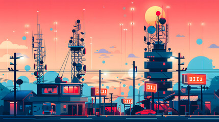 Obraz premium A conceptual template a cell tower with an antenna among city buildings on a street, a scene of mobile wireless networks, WiFi technology, and public internet access