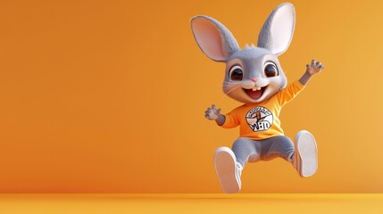 Obraz premium Adorable 3D Render of Fashionable Chibi Kangaroo in Graphic Tee and Sneakers Jumping Joyfully on Orange Gradient Background