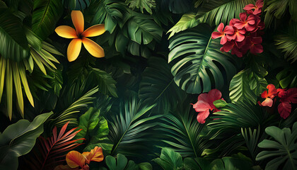 A lush jungle scene with vibrant green leaves and exotic flowers, bringing the warmth of the tropics to your screen