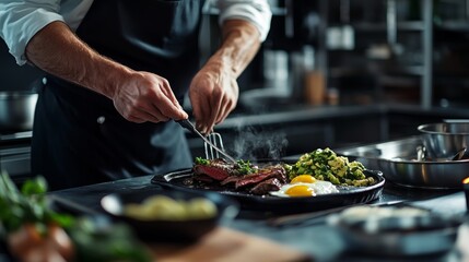 Chef Preparing Delicious Steak with Side Dishes