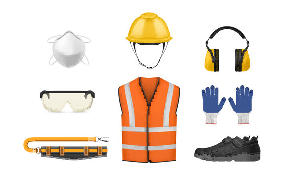 Personal safety outfit uniform equipment for industrial work set realistic vector illustration