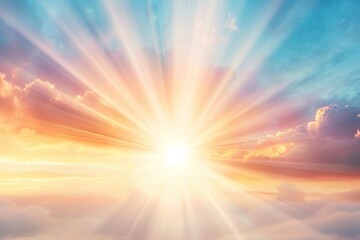 Naklejka premium Golden Heaven Light Majestic Sunrise, Sunbeams, Rays of Hope, and Inspiration in Yellow, Blue Sky