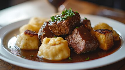A plate of boiled beef slices, served with soft dumplings and a drizzle of rich gravy, making for a hearty, satisfying meal.