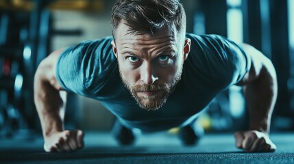 Determined man doing push ups at the gym.