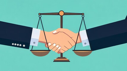 A symbolic representation of justice, featuring a handshake and balanced scales