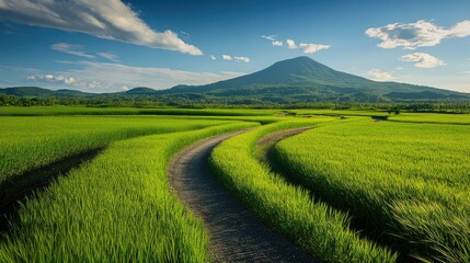 Obraz premium A scenic view of green barley fields on Gapado Island, with a winding farm road leading toward Mt. Sanbang and Mt. Halla in the distance, perfect for nature lovers.