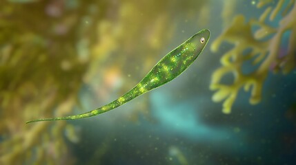 A vibrant singlecelled euglena with its flagellum visible moving through an aquatic environment
