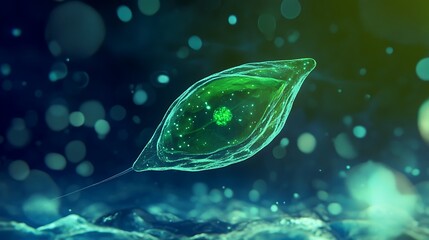 A vibrant singlecelled euglena with its flagellum visible moving through an aquatic environment