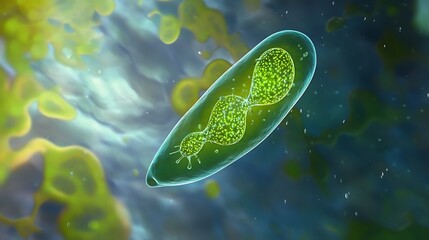A vibrant singlecelled euglena with its flagellum visible moving through an aquatic environment