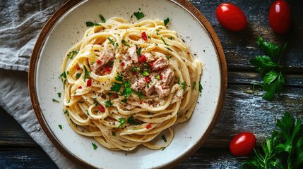 Appetizing plate of spicy tuna pasta garnished with fresh herbs and chili, placed on a rustic table, ready for a cozy meal setting.