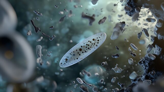 Detailed depiction of a singlecelled paramecium swimming among debris in a microscopic world
