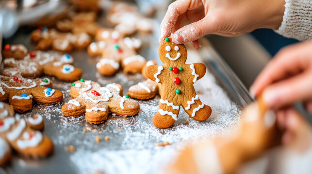 A person is making gingerbread cookies and holding a cookie with a smile on it. The cookies are decorated with icing and sprinkles