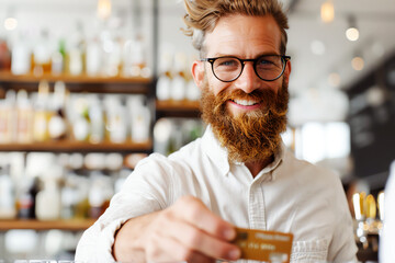 A bearded man wearing glasses and a white shirt smiles as he hands a credit card to the camera.