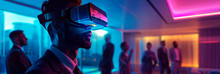 Businessman wearing VR goggles, interacting with a 3D virtual conference room, with avatars of colleagues.