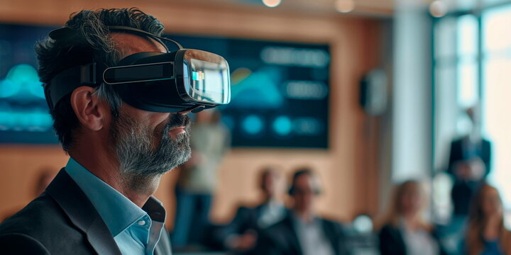 Businessman wearing VR goggles, interacting with a 3D virtual conference room, with avatars of colleagues.