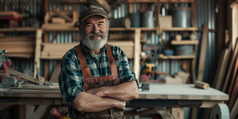 Fototapeta premium A carpenter in a plaid shirt and tool belt, standing in a woodworking shop.