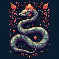 Obraz premium Stylish serpent illustration with cosmic elements for t-shirt design, fantasy print