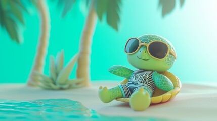Happy Chibi Turtle in Stylish Outfit Relaxing on Beach with Turquoise Gradient - 3D Render Illustration