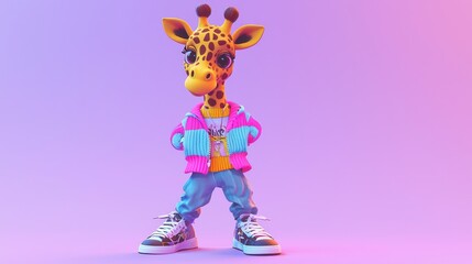 Fototapeta premium Playful Chibi Giraffe in Stylish Outfit on Lavender Gradient Background