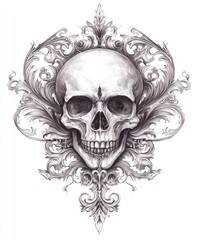 Fototapeta premium A detailed skull illustration surrounded by ornate floral patterns.