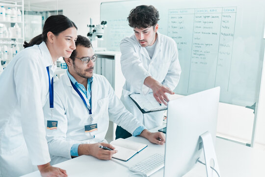 Results, people or scientists on computer for science breakthrough, clinical trial or discovery. Biotechnology, medical testing or vaccine research in lab for writing notes, teamwork or medicine cure