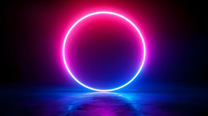 Fototapeta premium A Bright Neon Circle Glowing in a Dark Room with a Reflective Surface