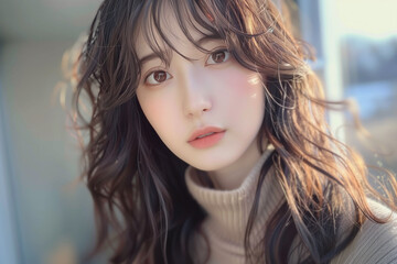 Naklejka premium 柔らかい雰囲気の美人、シンプルで上品な女性 ミニマル