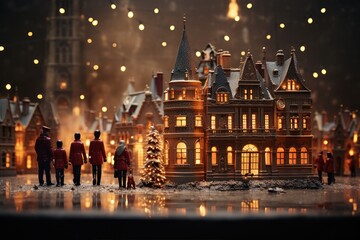 Naklejka premium Christmas tree and people. Miniature of the old town during the holidays. City model