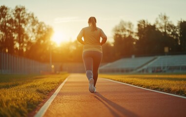 Determined Plus-Size Woman Jogging at Sunrise on Stadium Track, Embracing Fitness Journey in Comfortable Gear