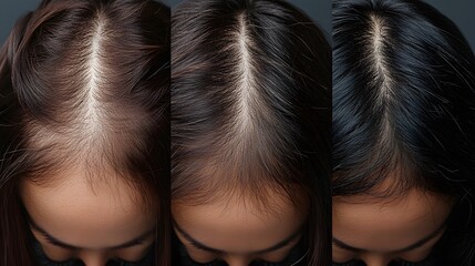 Visual timeline of crown hair improvement, showing reduced bald patches after laser hair therapy, sharp focus on hair texture and scalp, Photorealistic