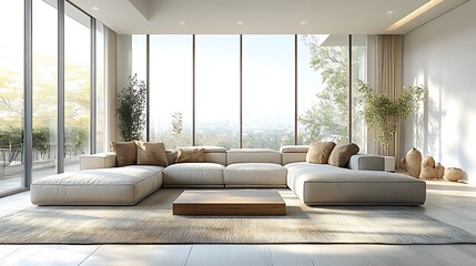 A minimalist interior sketch of a modern living room layout, featuring a sectional sofa, low coffee table, and large floor-to-ceiling windows, with soft natural light streaming in. Clean lines,