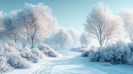 Obraz premium Serene winter landscape with frosted trees and a snowy path.