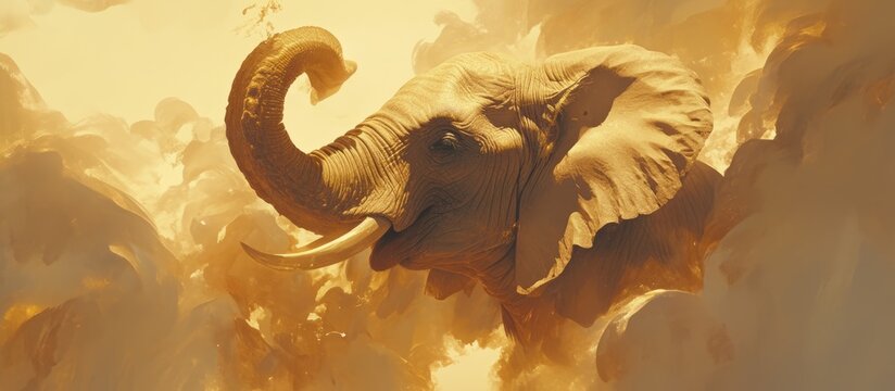 A young elephant gazes upward with its trunk raised